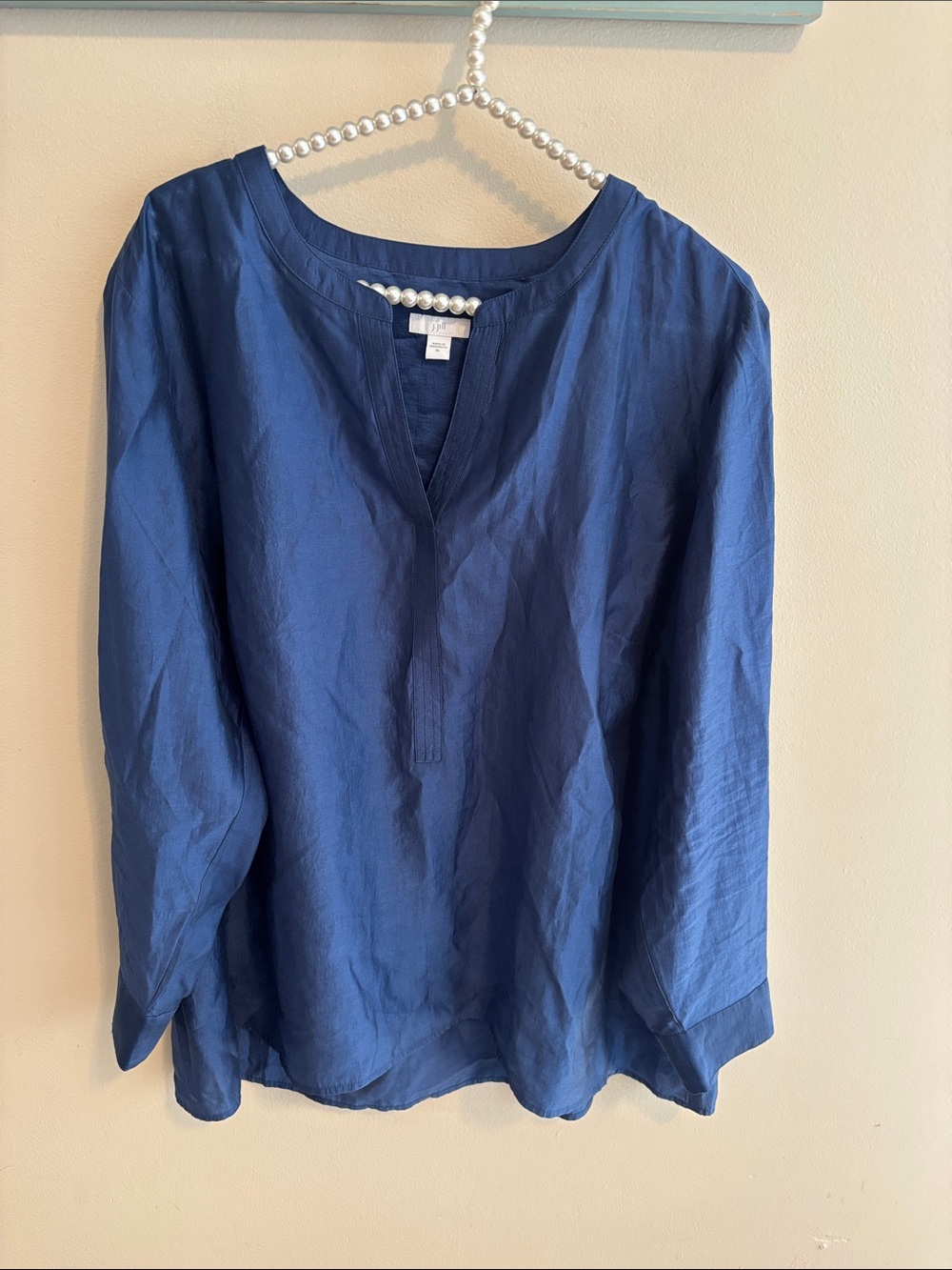 J. Jill Women's XL Blue Linen Split Neck Popover Blouse Long Sleeve Tunic Top